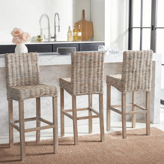 Grey Wash Rattan 30 Inch Bar Stool With Parsons Legs