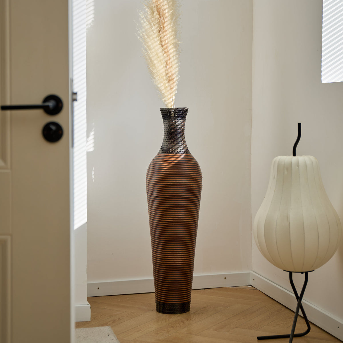 Hand-Woven PVC Rattan Floor Vase, 39 Inch Tall
