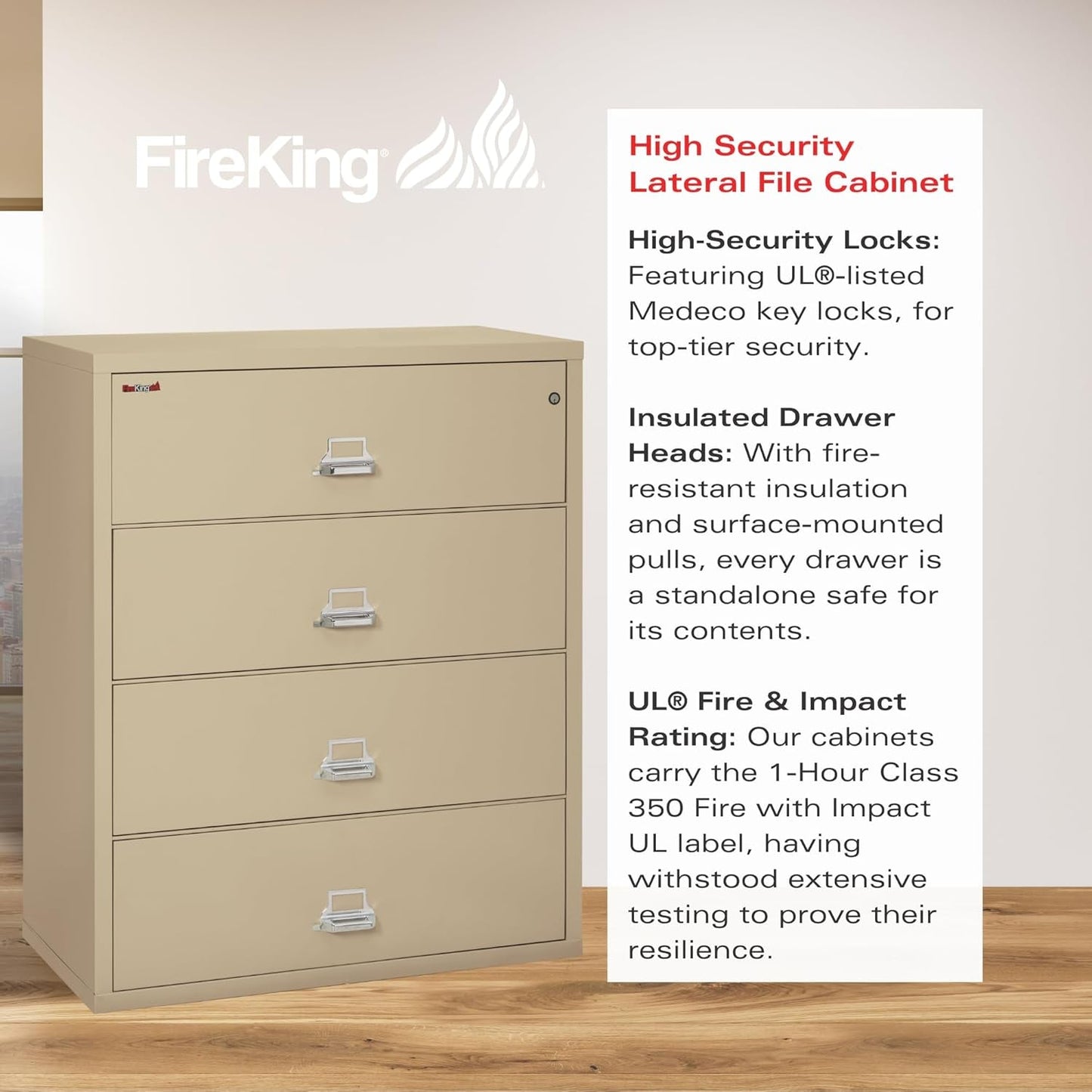 Lateral 4 Drawer Fire Safe File Cabinet With Key Lock 1 Hour Fire Rated