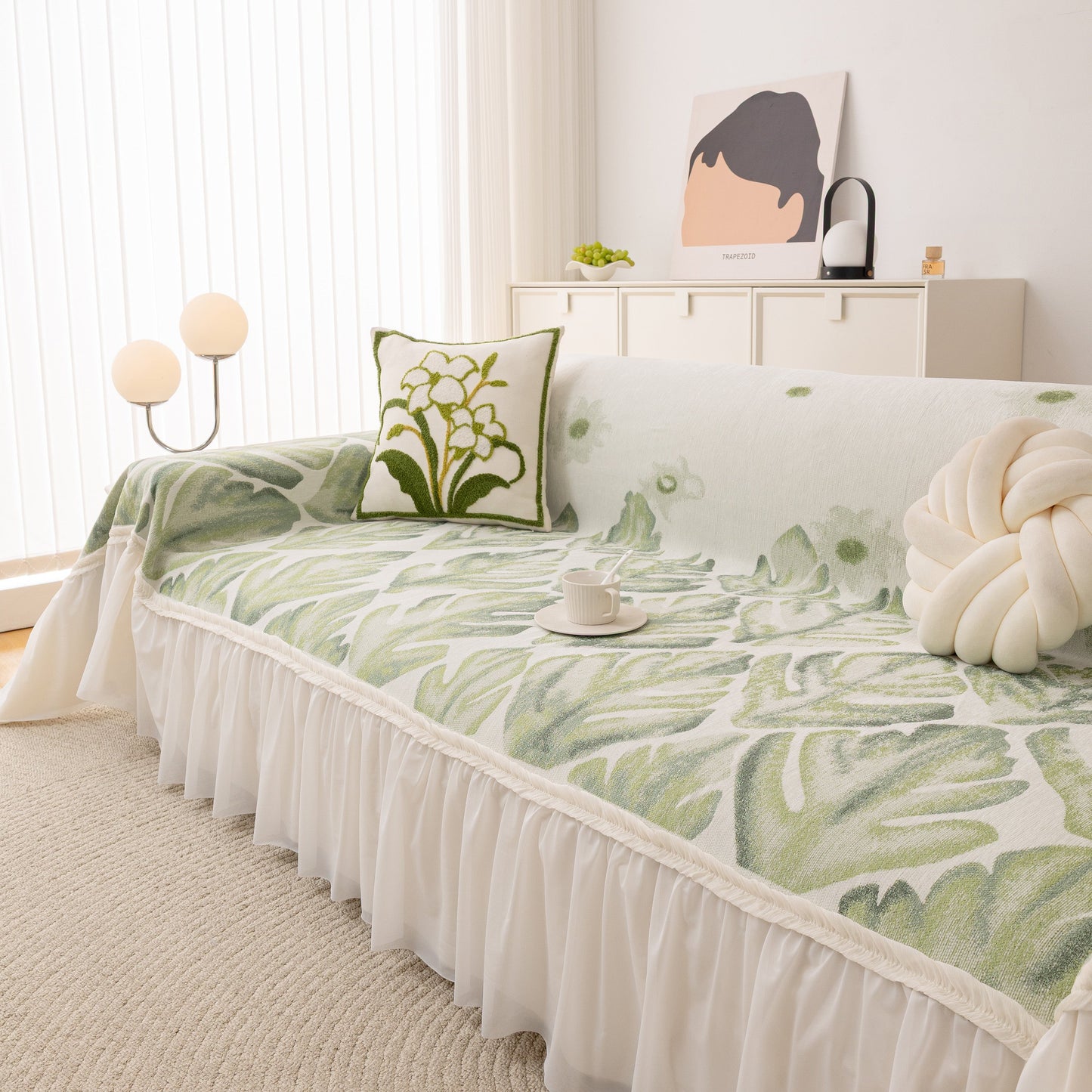 Botanical Sofa Cover with Chiffon Skirt, Floral Couch Throw Blanket for All-Season