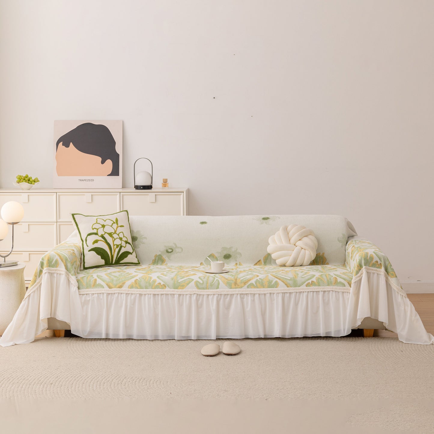 Botanical Sofa Cover with Chiffon Skirt, Floral Couch Throw Blanket for All-Season