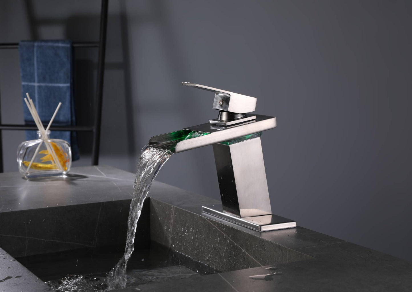 Brushed nickel waterfall 3 LED light single handle brass bathroom faucet with pop up brass drain