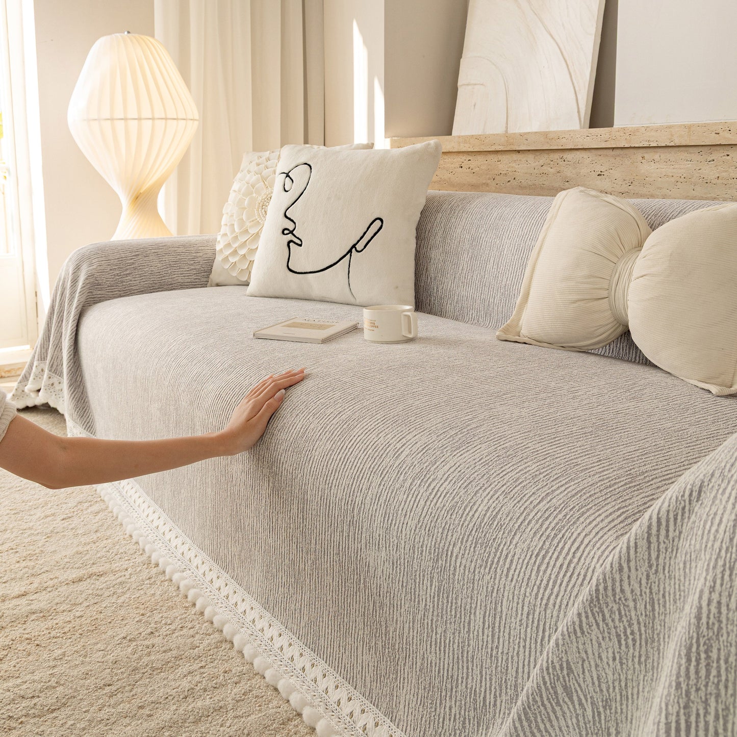 Sofa Cover Throw with Lace Trim & Pom-Pom Fringe, Decorative Couch Cover Blanket