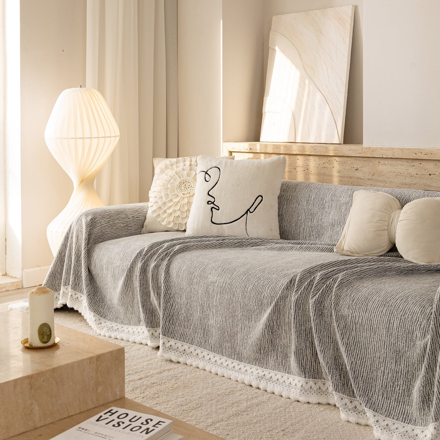 Sofa Cover Throw with Lace Trim & Pom-Pom Fringe, Decorative Couch Cover Blanket