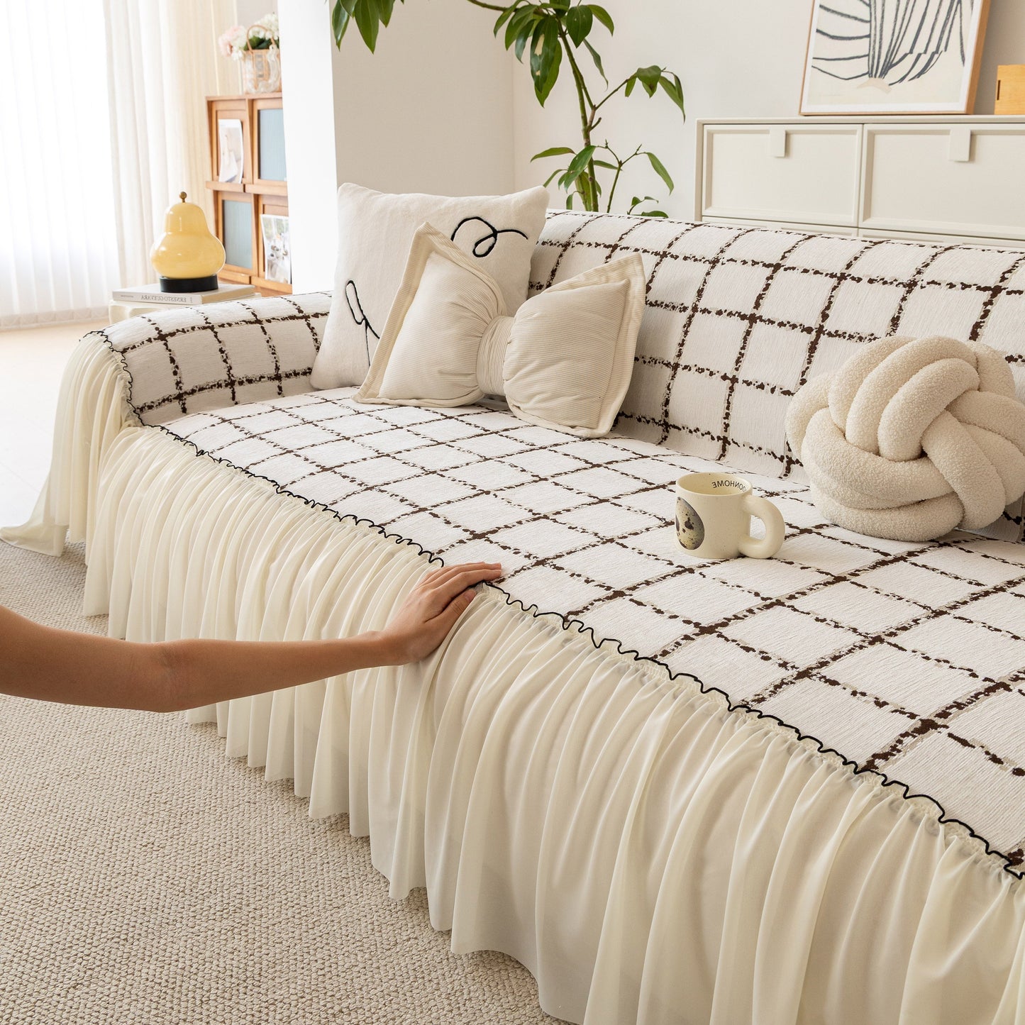 Grid Sofa Cover with Ruffle Skirt – Soft, Decorative, Full-Cover Couch Protector