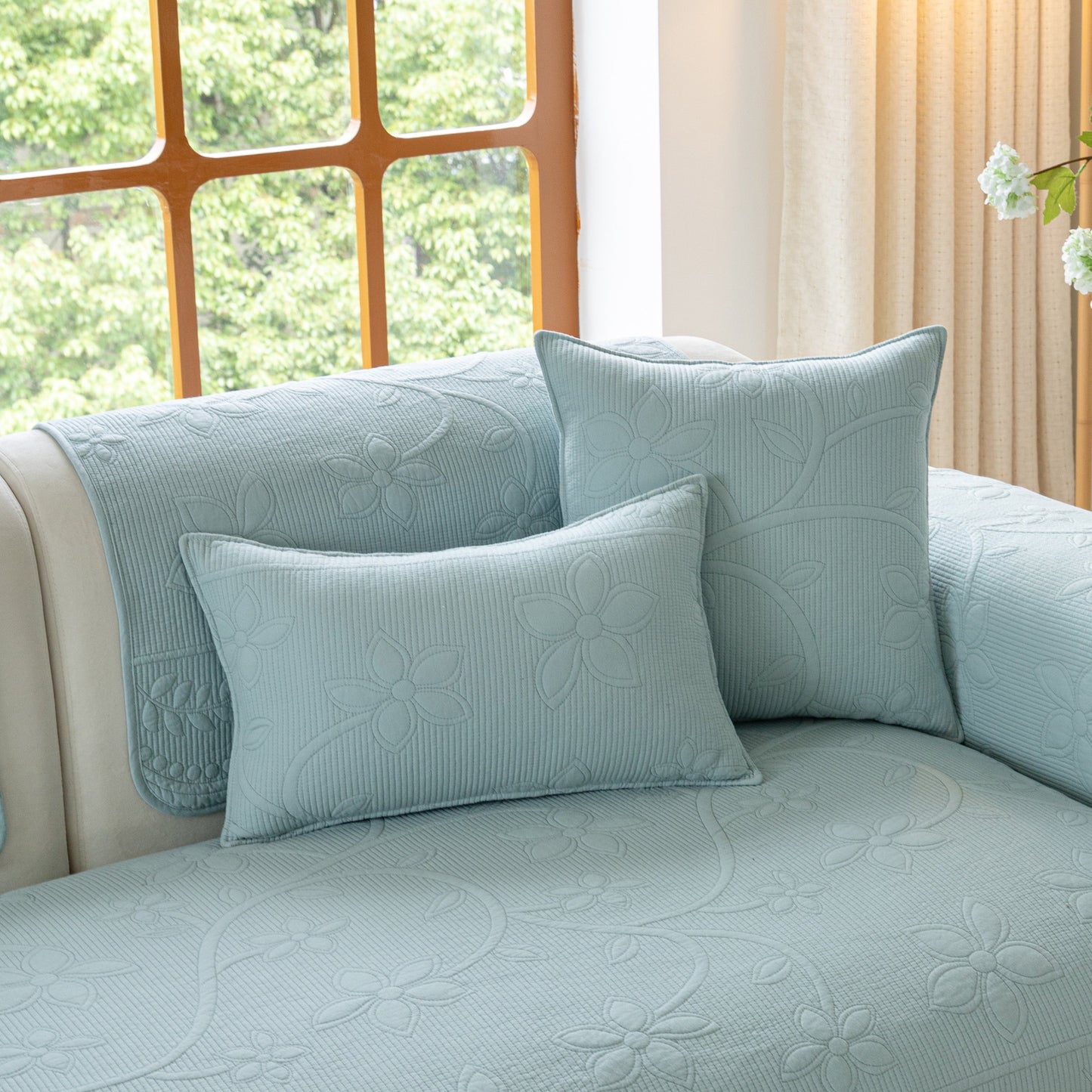 Floral Cotton Quilted Sofa Cover, Non-Slip Couch Protector with Scalloped Edges