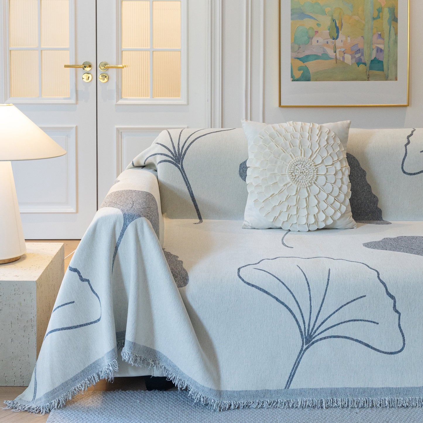 Cozy Couch Throw Blanket with Tassels, Jacquard Leaf Pattern Furniture Protector