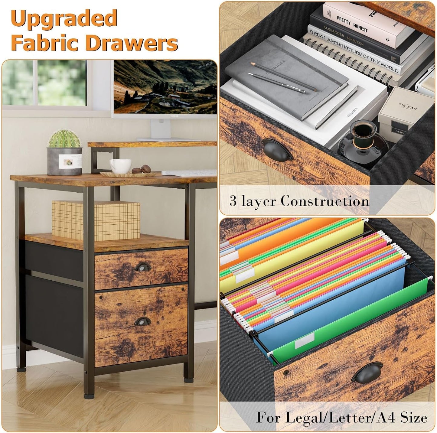 66 Inch Rustic Brown L Shaped Desk With Power Outlet