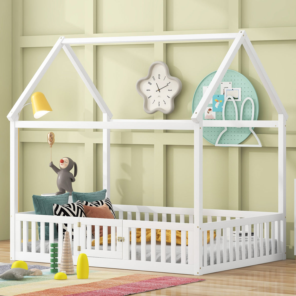 Full Size Wood House Bed with Fence and Door