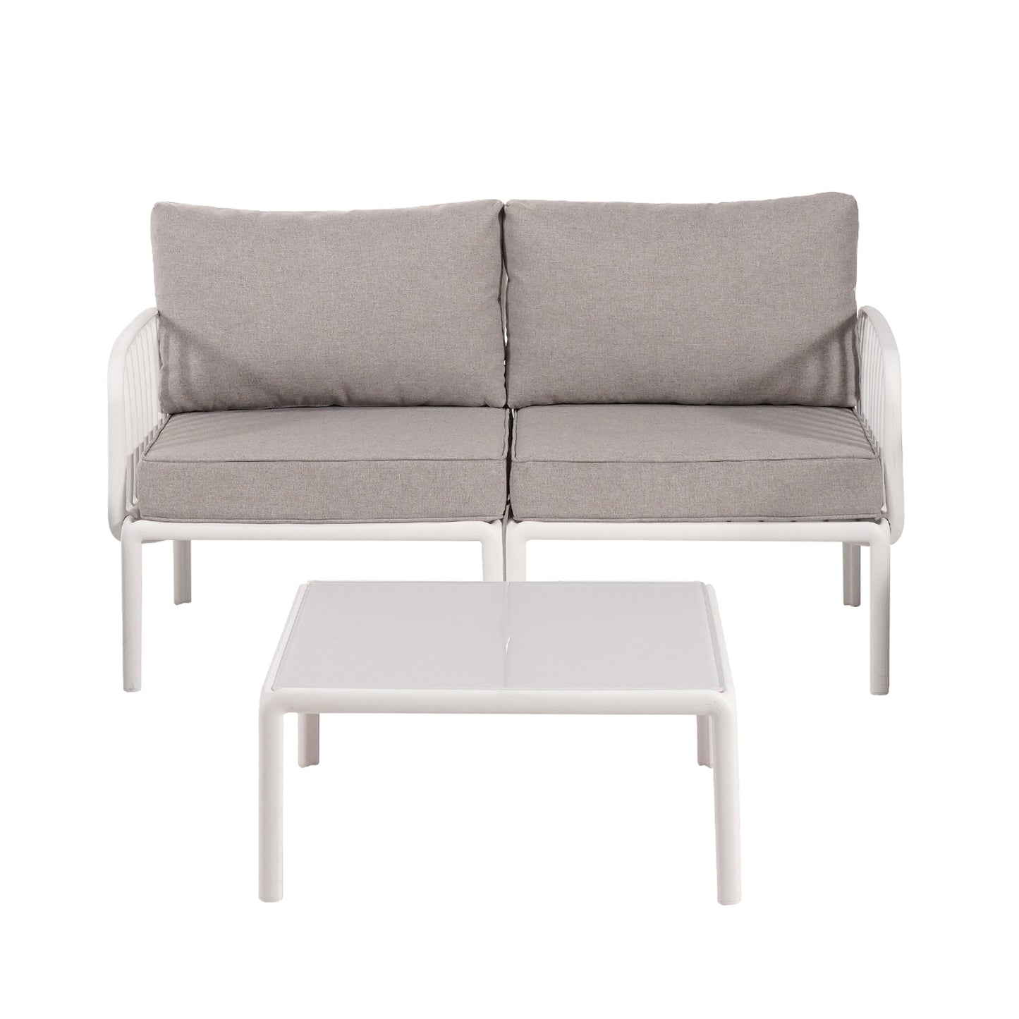 3 Piece Patio Conversation Sets, Modern Outdoor Patio Sectional Furniture Set with Square Coffee Table, Waterproof Thick Cushion Deep Seating for Porch, Balcony, White & Light Gray