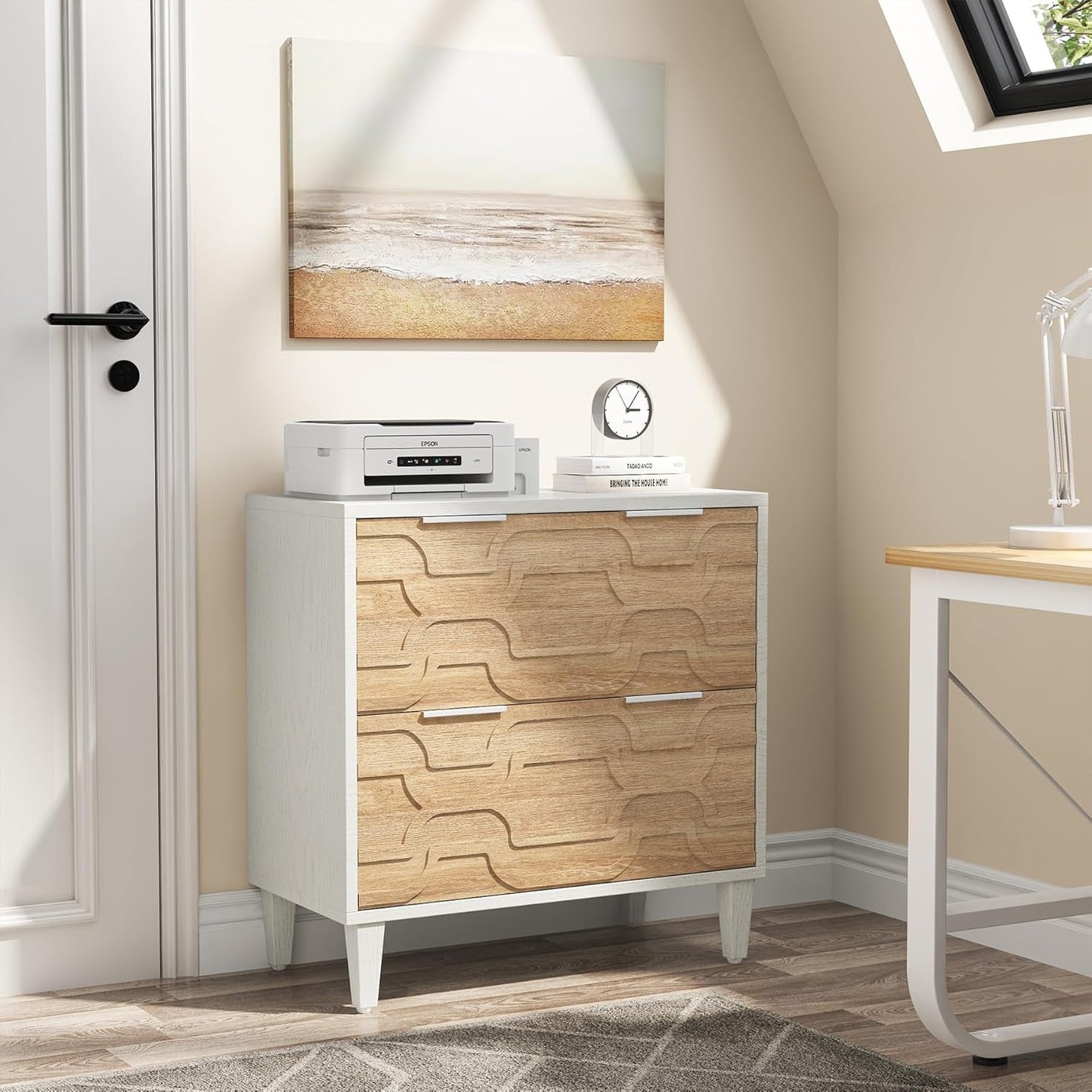 Two Drawer Lateral File Cabinet For A4 Letter And Legal Size Documents White And Walnut Printer Stand