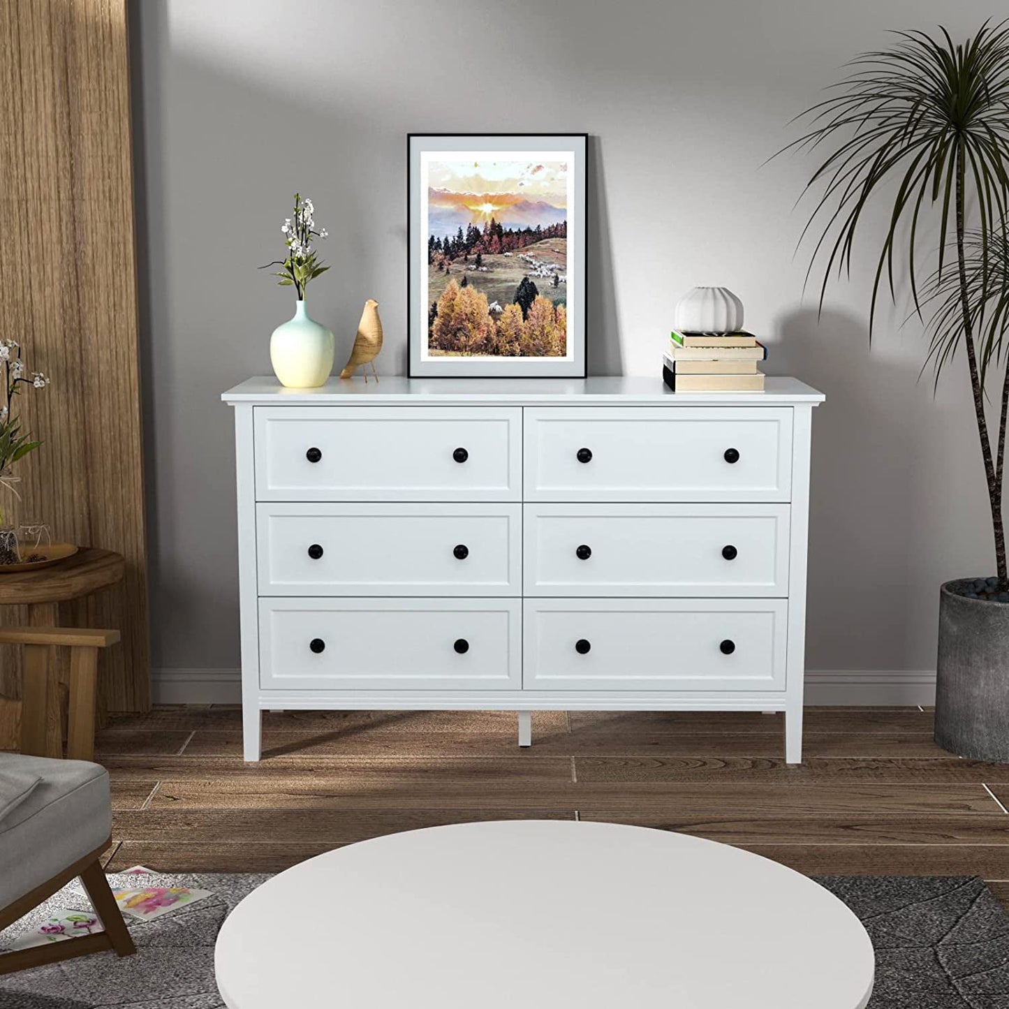 Modern White 6-Drawer Dresser With Metal Handles Bedroom