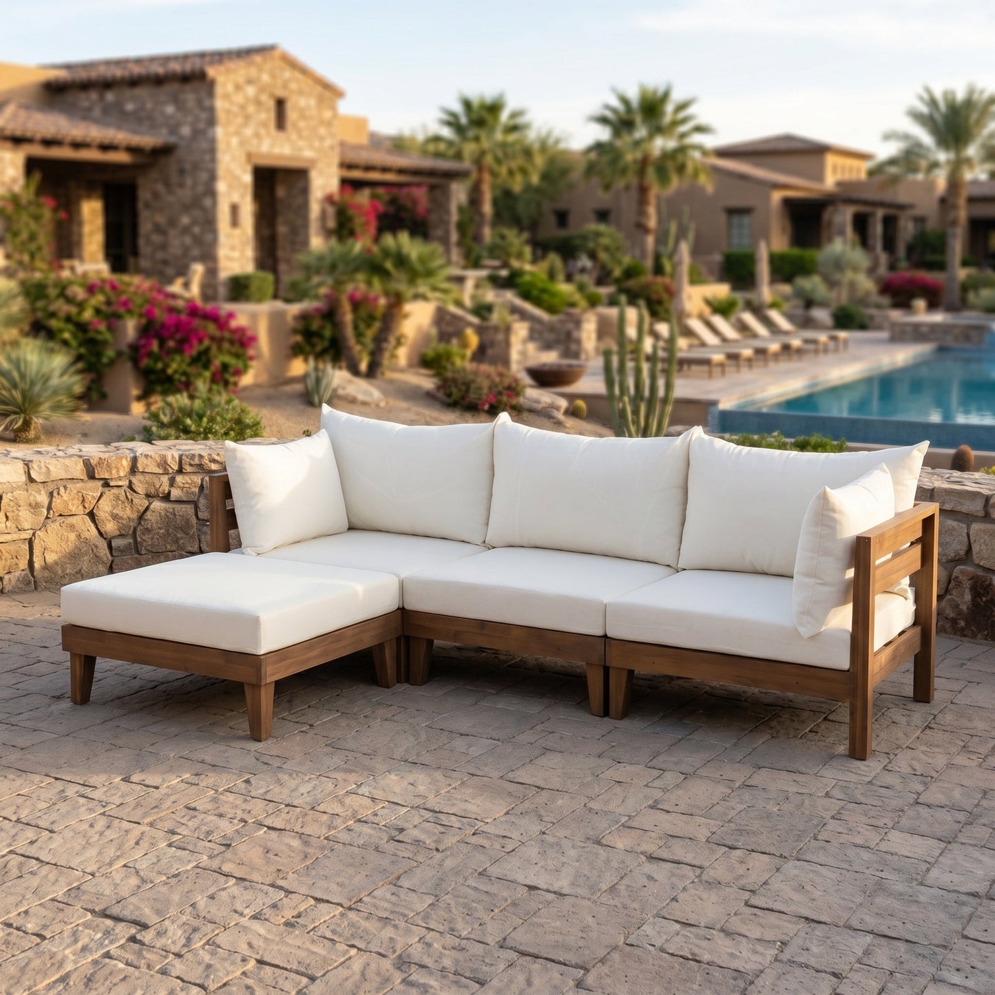 TOPMAX Outdoor Large 96.3" W Daybed Acacia Wood 6-Piece Patio Sofa Set