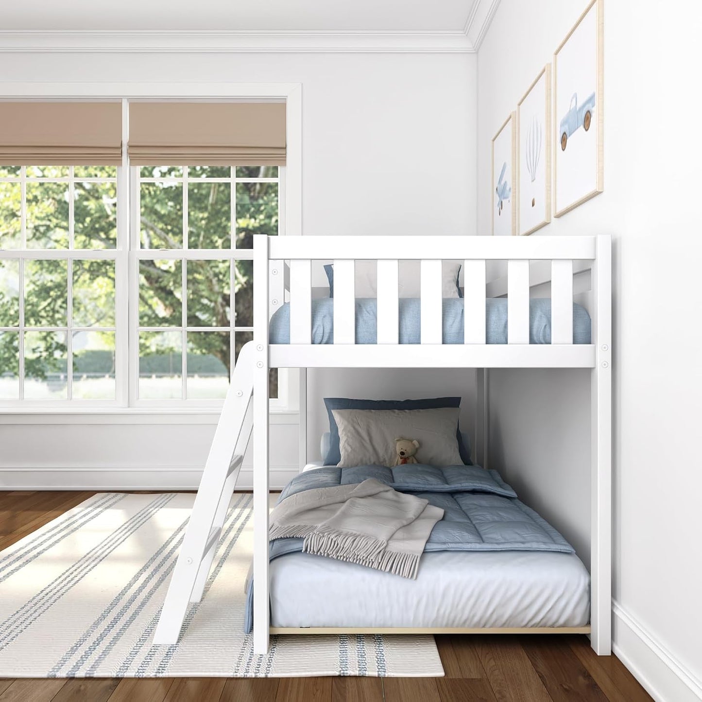 White Twin Low Bunk Bed Solid Wood Frame For Kids Safe