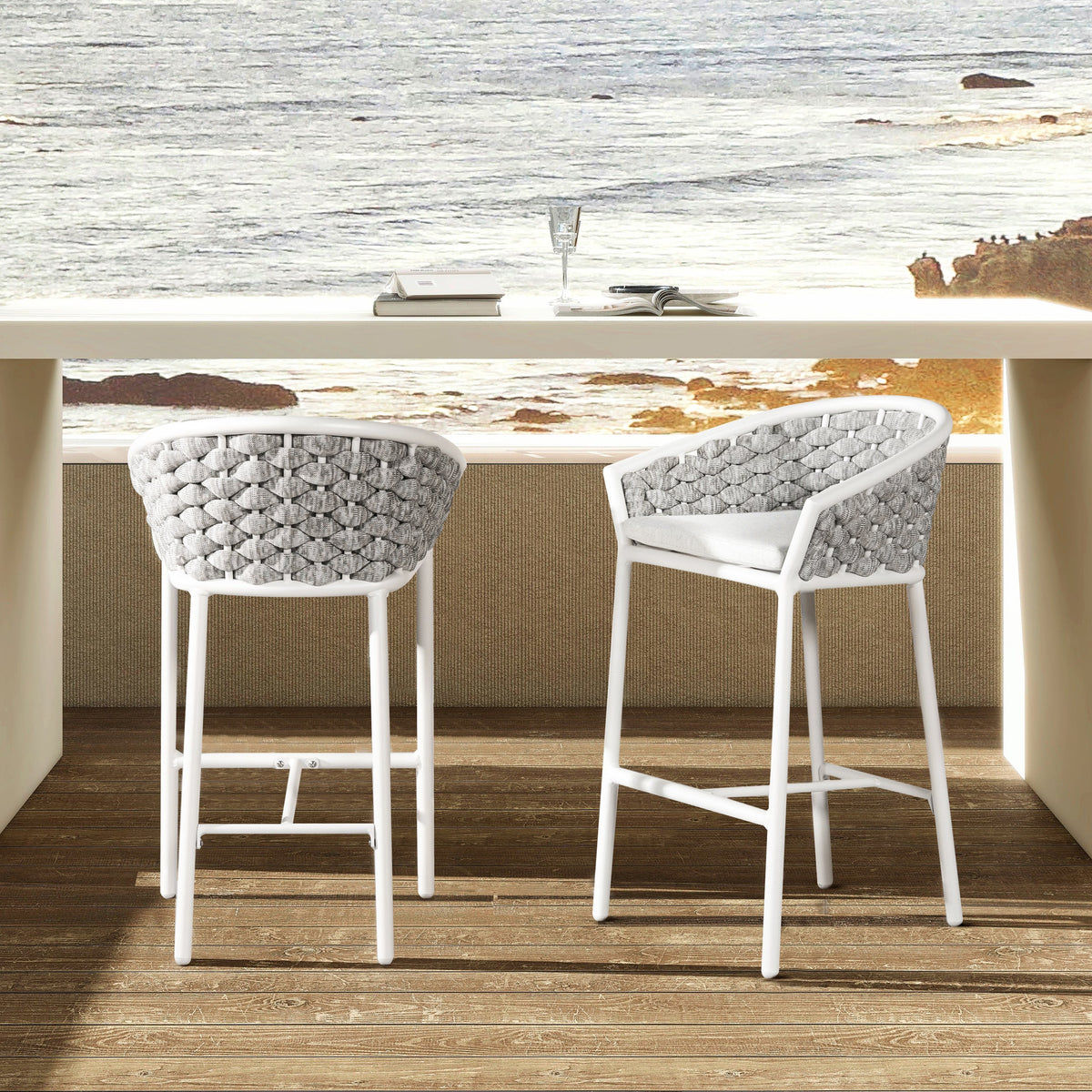 Rowan 27.5" Rope Barrel Low Back Patio Counter Stool - Set of 2