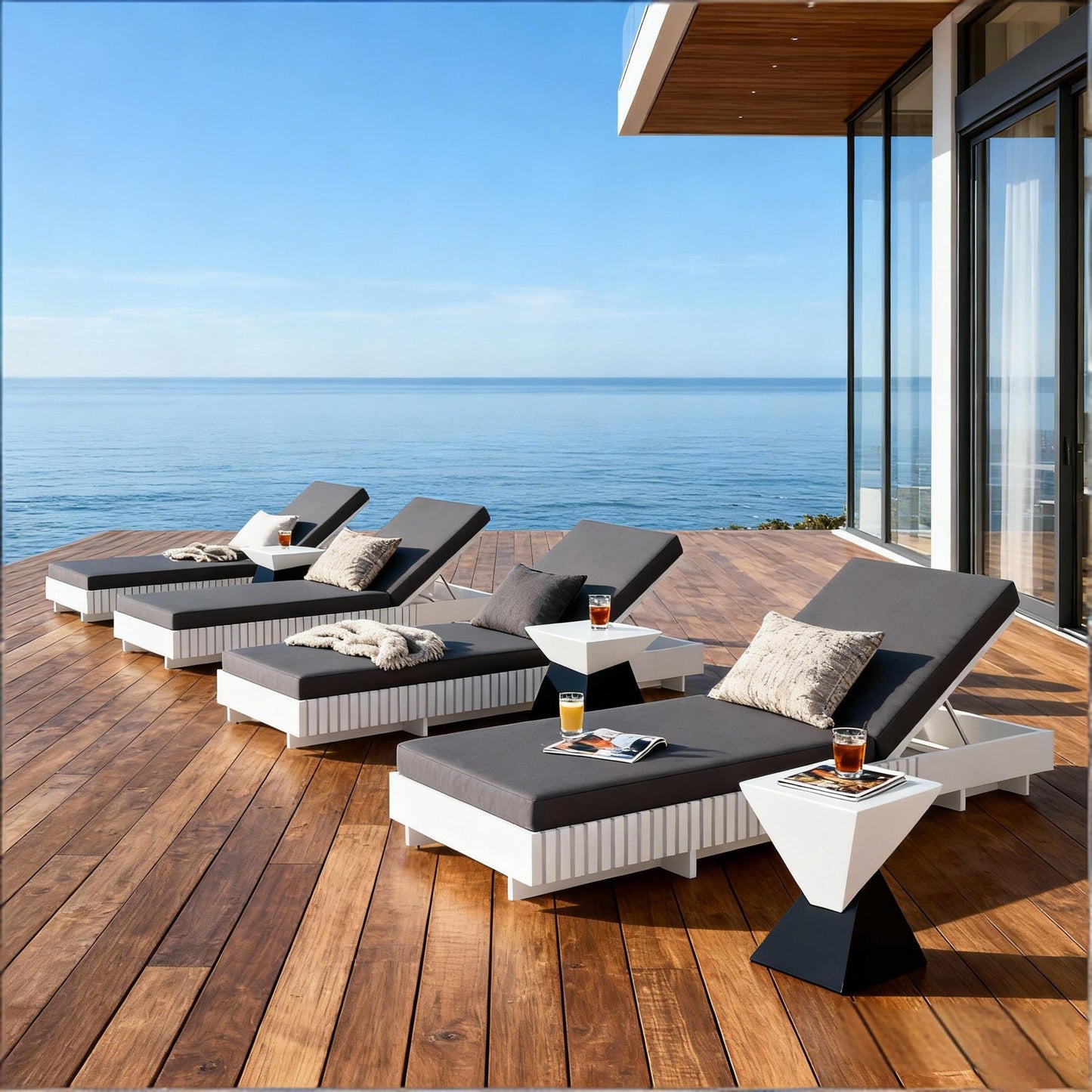 White Acacia Solid Wood Outdoor Chaise Lounge with Dark Cushion