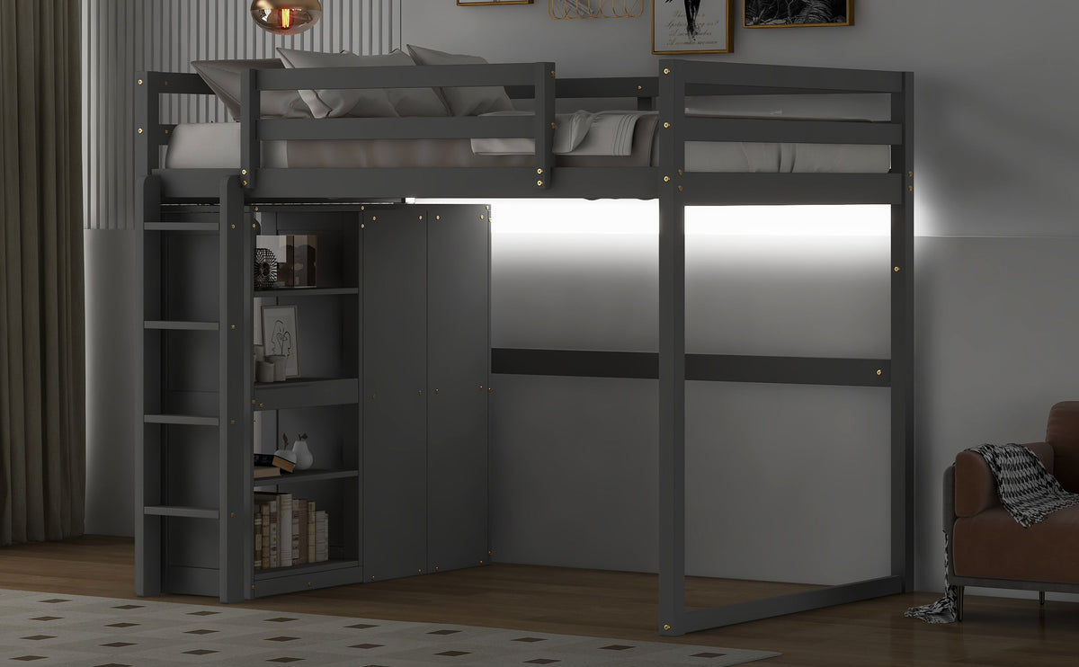 Wood Full Size Loft Bed With Built-in Wardrobe and Storage Shelves