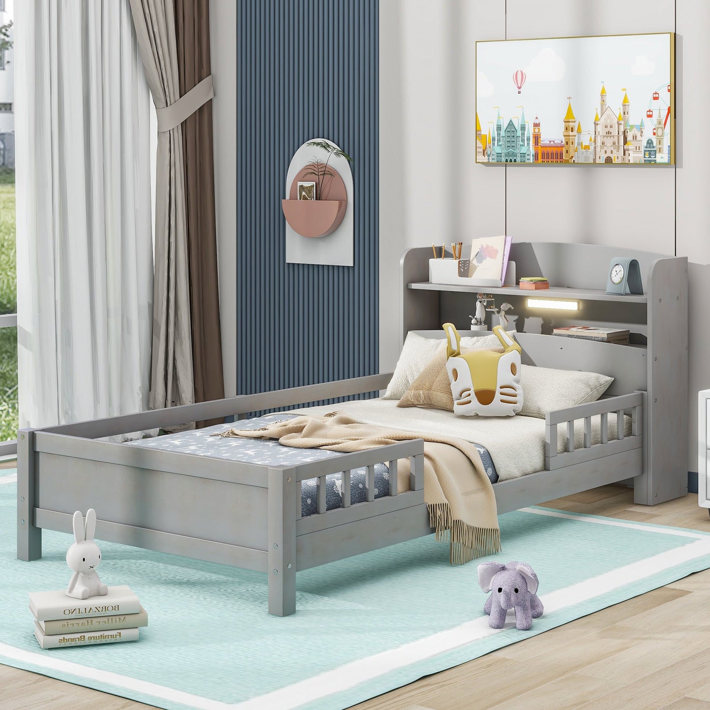 Wood Twin Size Platform Bed with Built-in LED Light, Storage Headboard and Guardrail, Antique