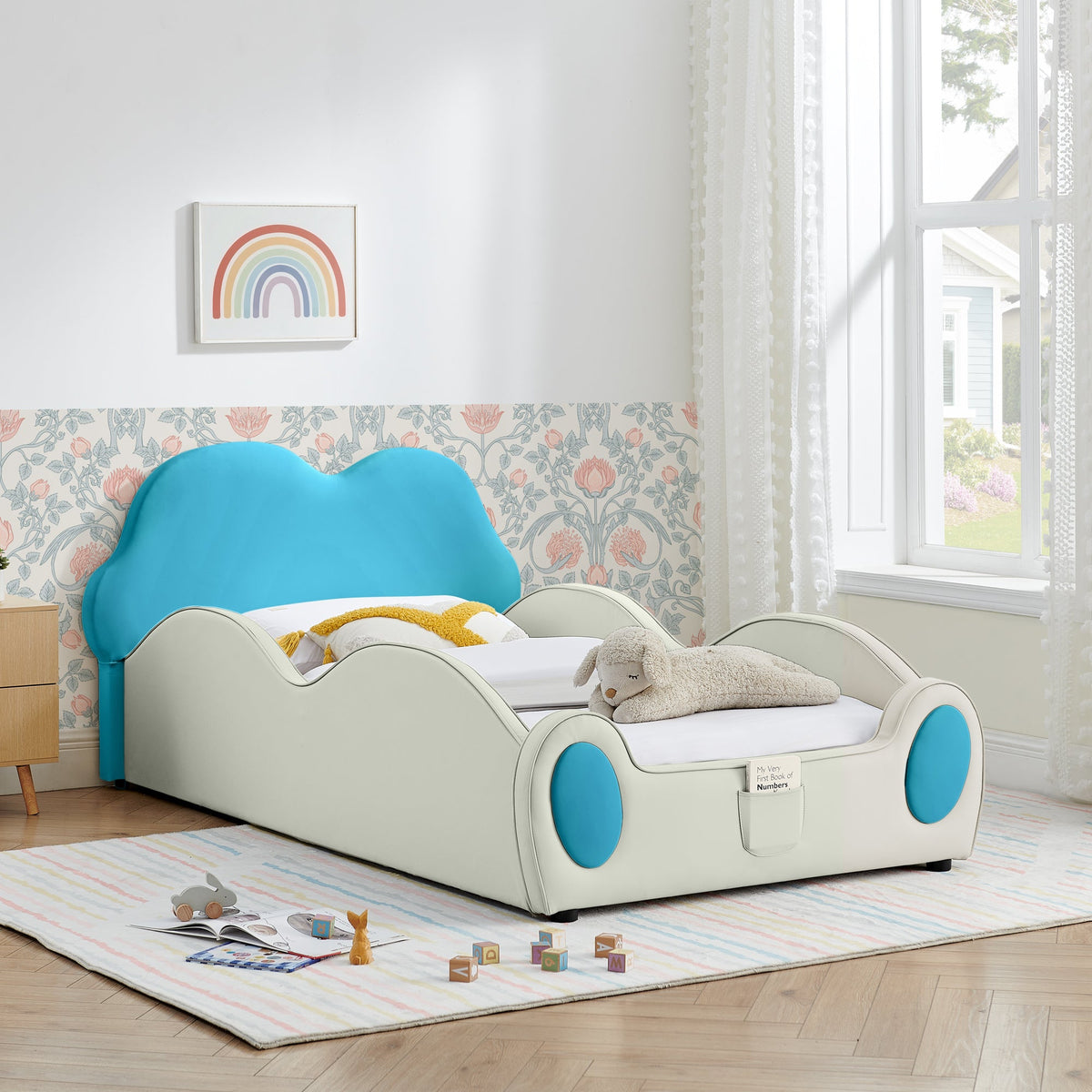 Cute Cloud Shape PU Leather Kids Bed with Guardrails