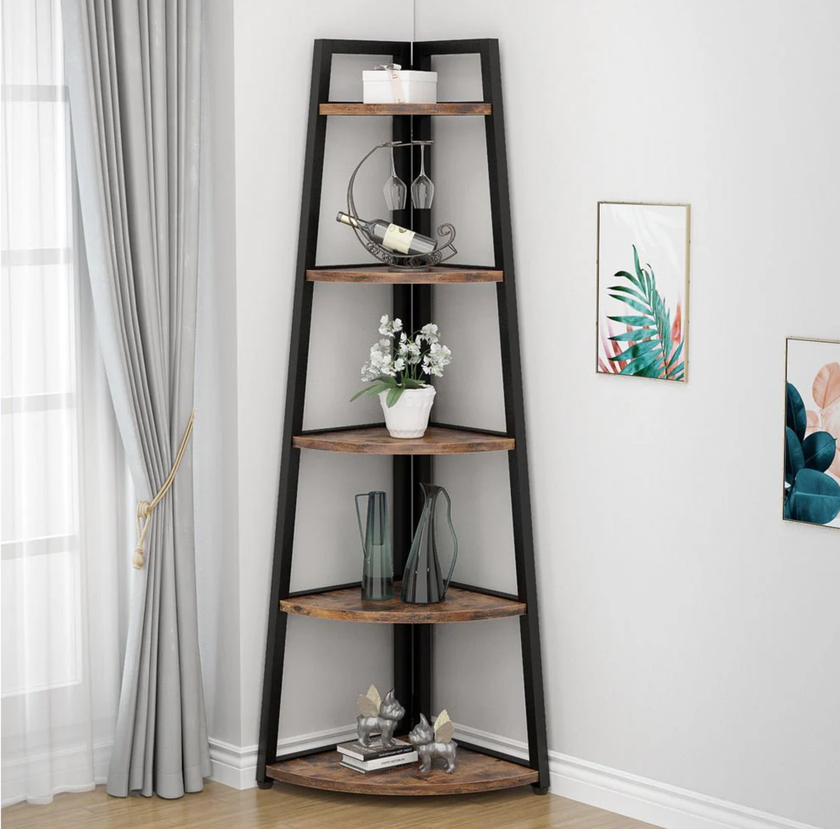 70.07" Tall Corner Shelf, 5 Tier Rustic