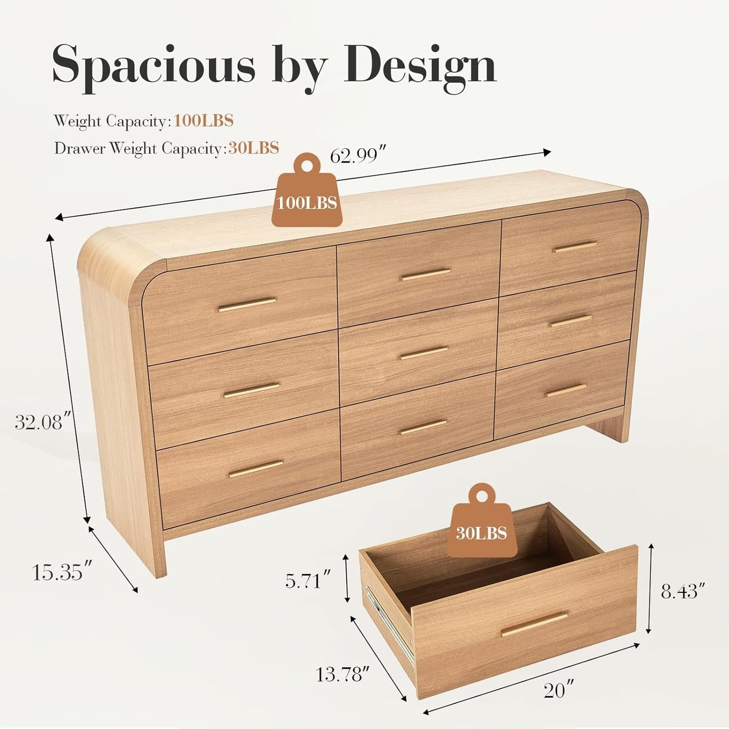 Solid Oak Curved Nine Drawer Dresser Sixty Three Inches