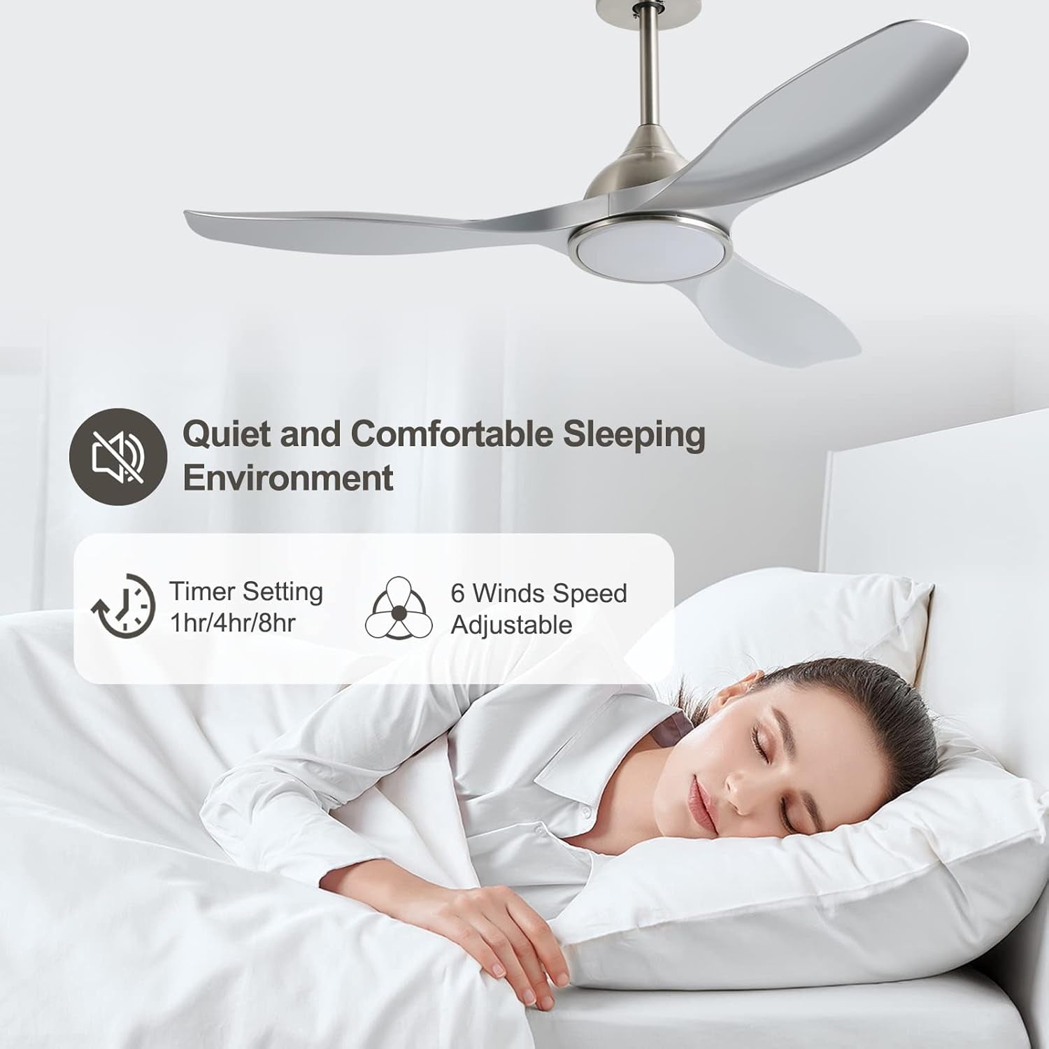 52 Inch Quiet DC Motor Ceiling Fan With LED Lights Remote Control in a peaceful bedroom setting with a woman sleeping.