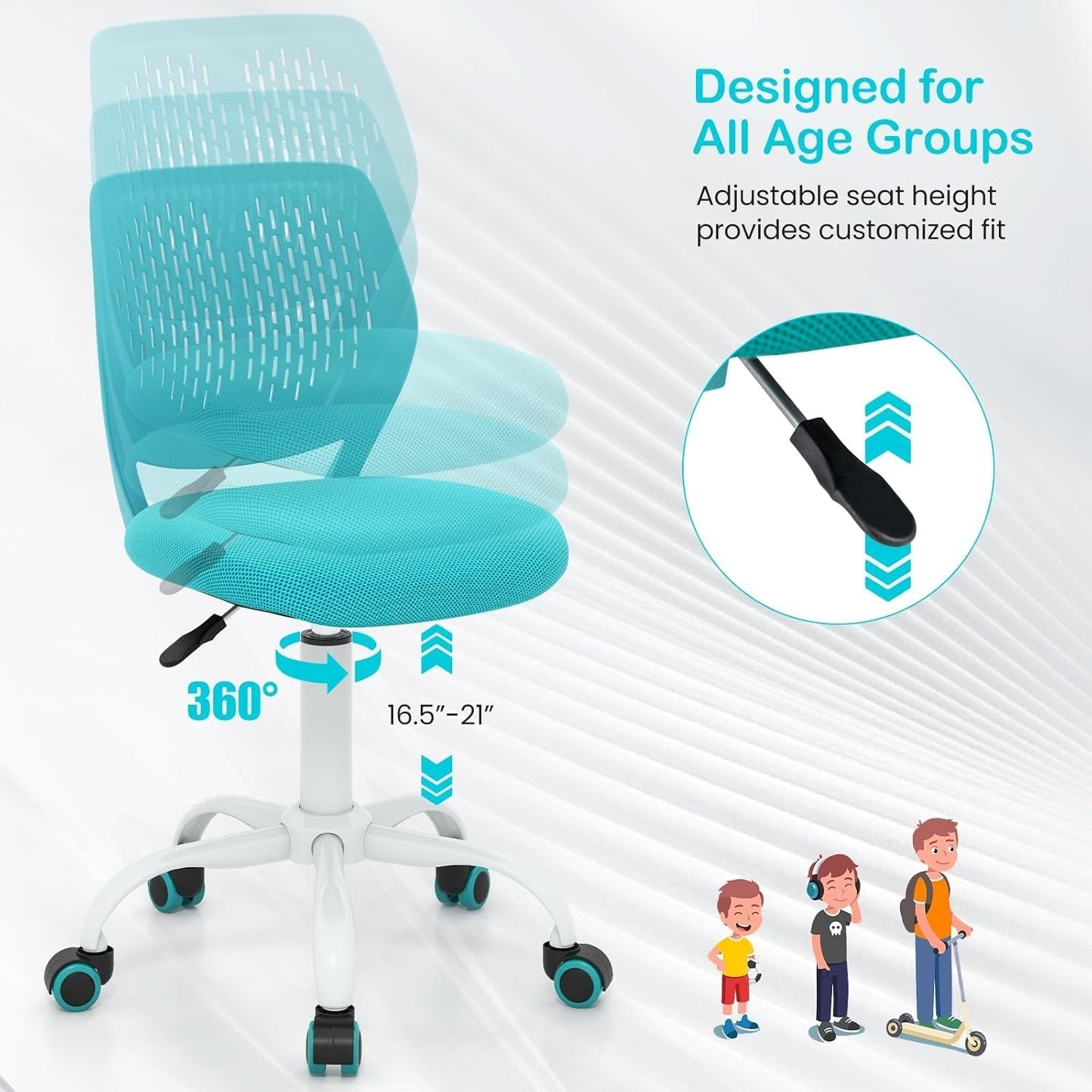 Turquoise Height Adjustable Kids Desk Chair With Lumbar Support
