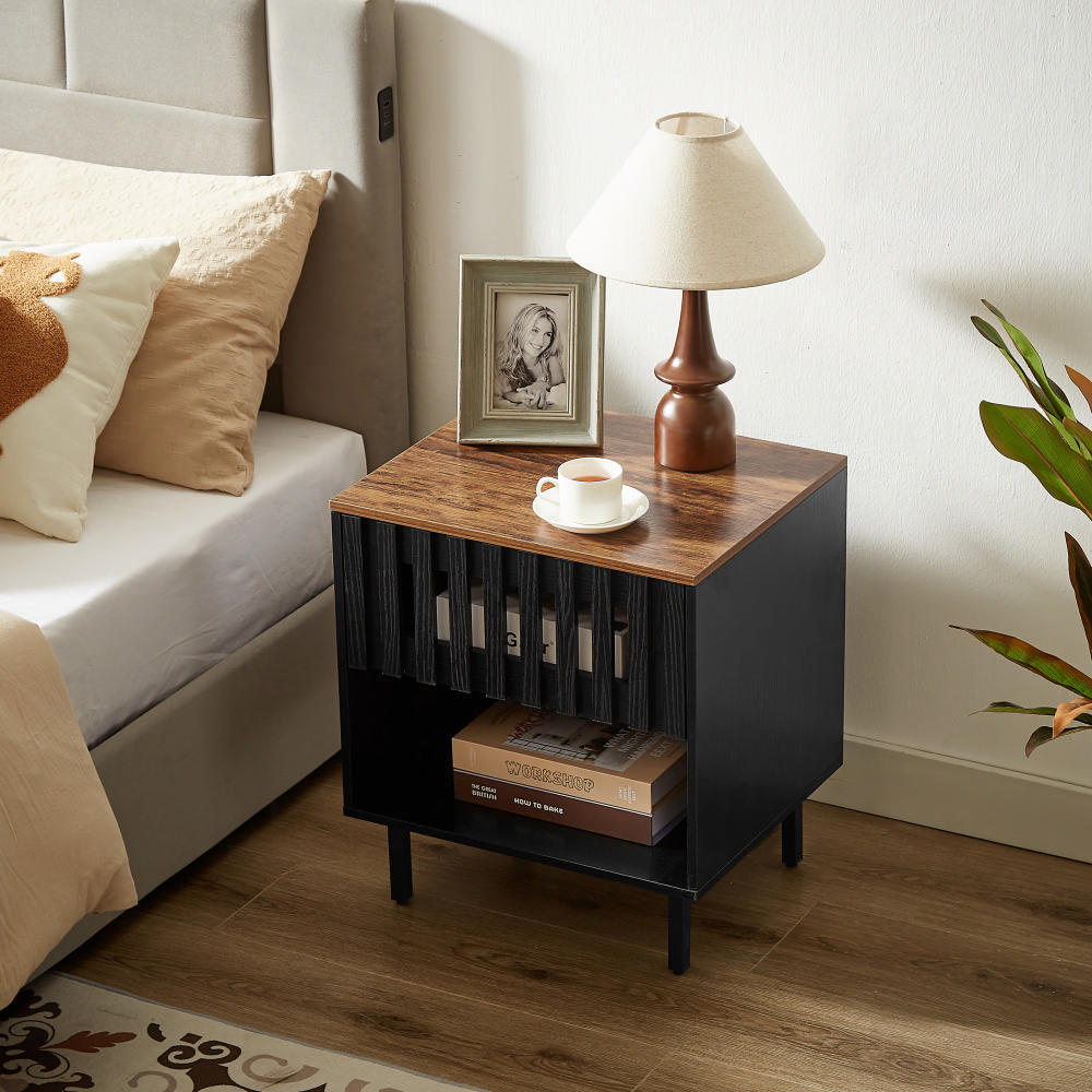 Set of 2 Mid Century Modern Nightstand with Grille Striped Doors,