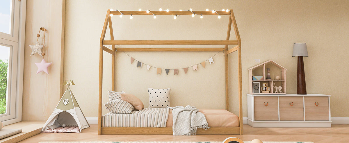 Twin Size Wooden House Bed, Wood Color