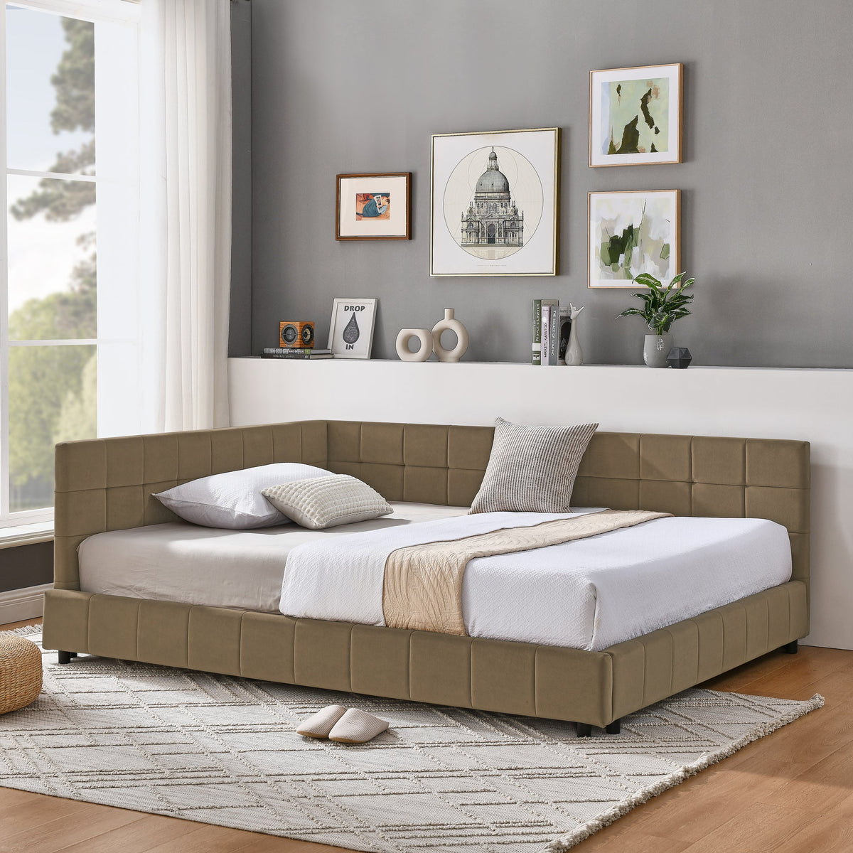 Full Size Upholstered Tufted Bed Frame in Brown Velvet
