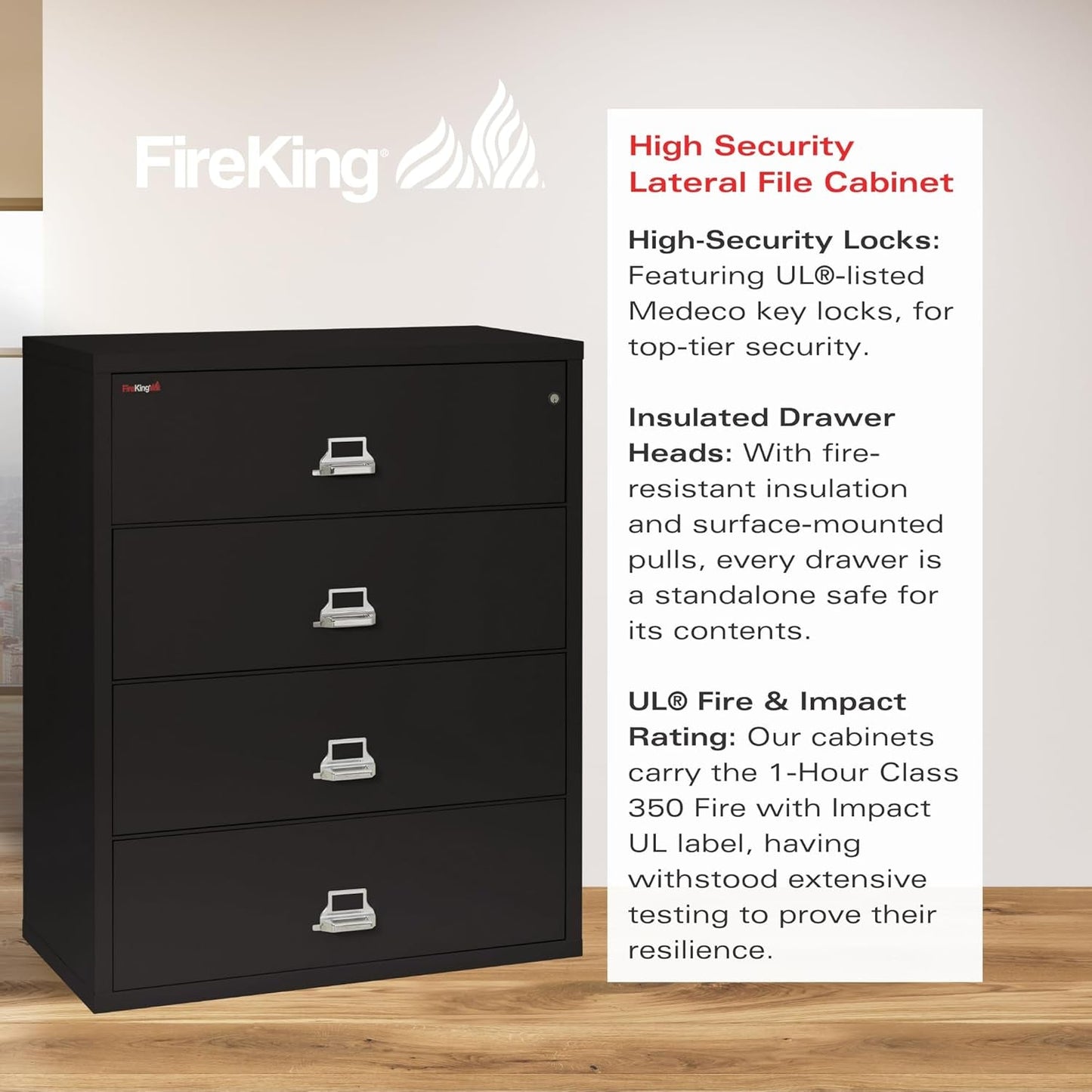 Lateral 4 Drawer Fire Safe File Cabinet With Key Lock Black