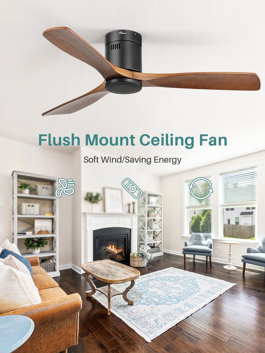 52 Inch Solid Wood Flush Mount Ceiling Fan With Remote