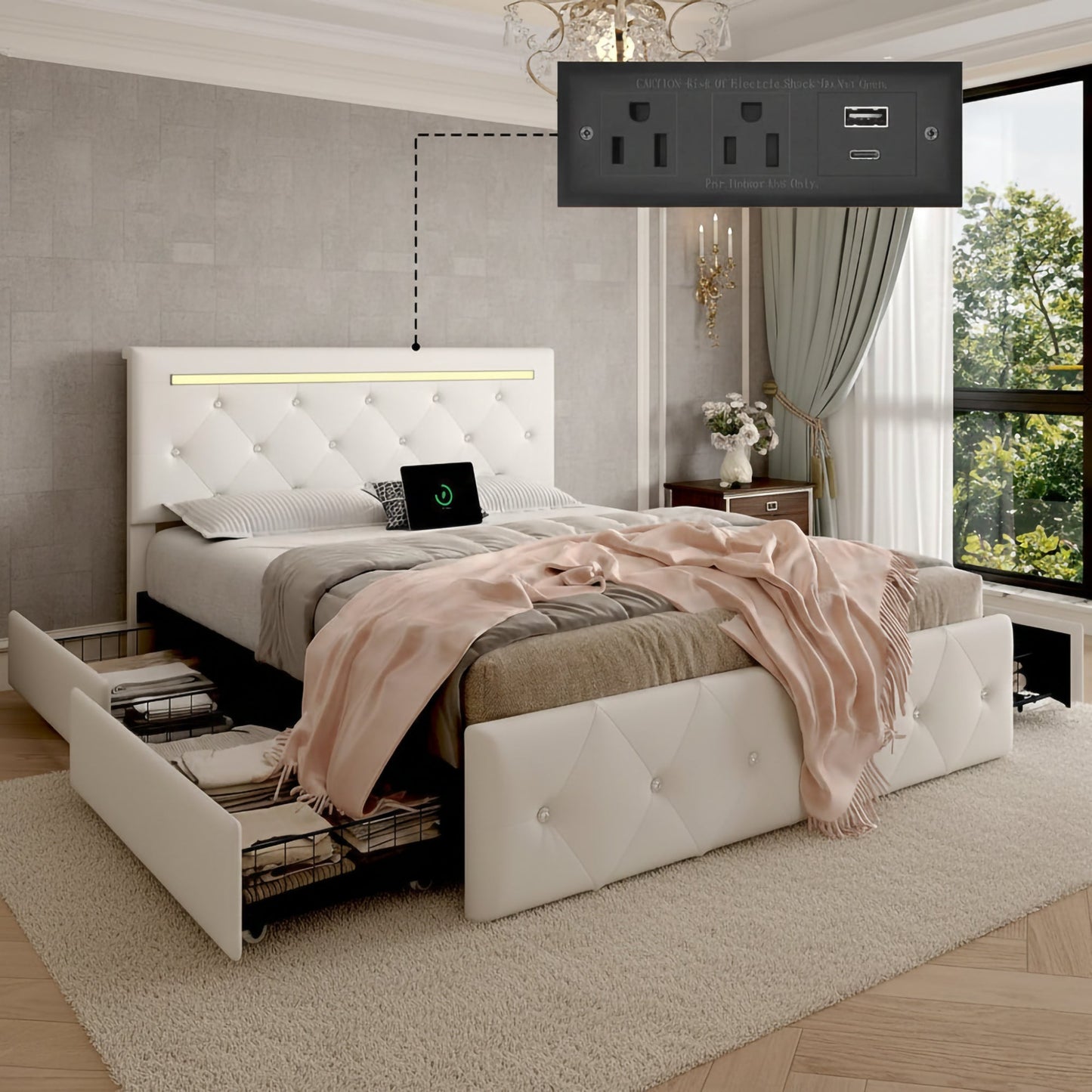 Queen Size Bed Frame with LED Light and 4 Storage Drawers