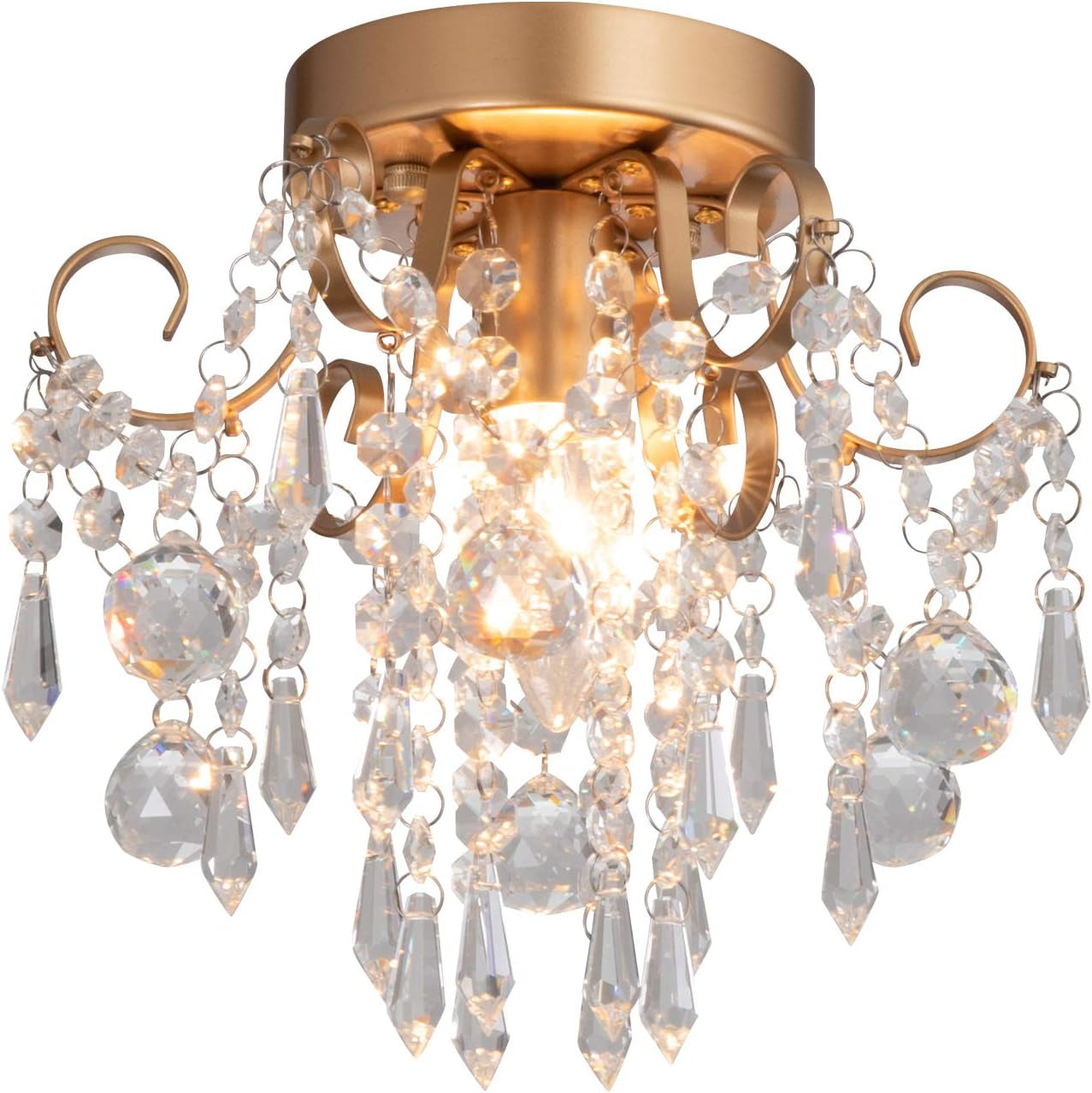 Mini Crystal Chandelier Flush Mount Gold Ceiling Light with crystal accents and warm light in a stylish design.