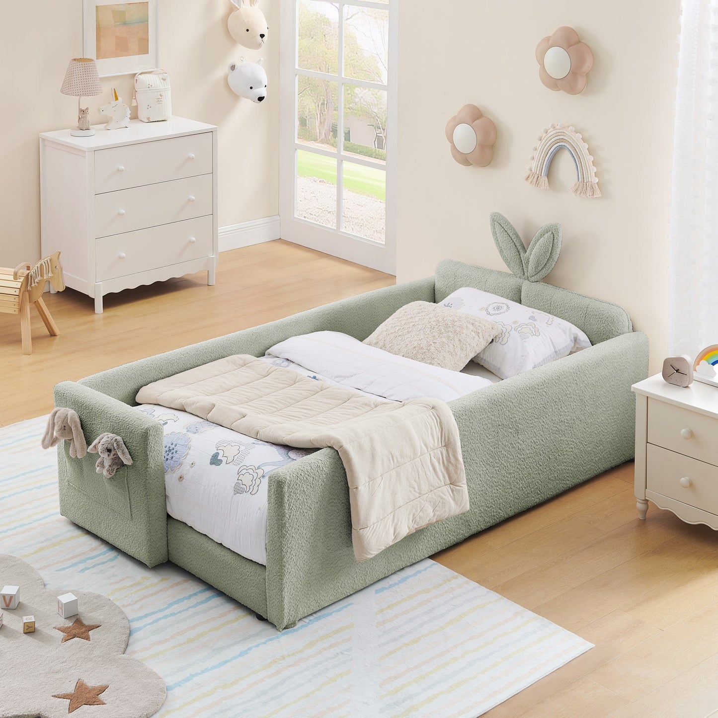 Twin Size Upholstered Platform Bed with Rabbit Ear Headboard