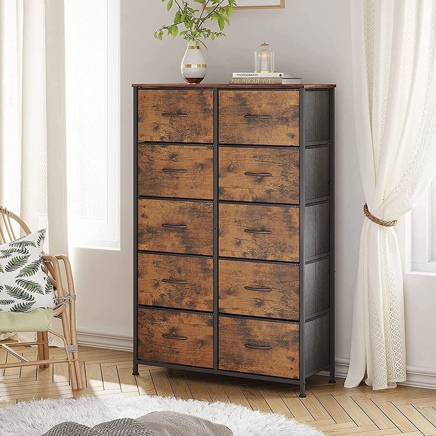 Tall Rustic Brown Dresser With 10 Deep Drawers For Bedroom