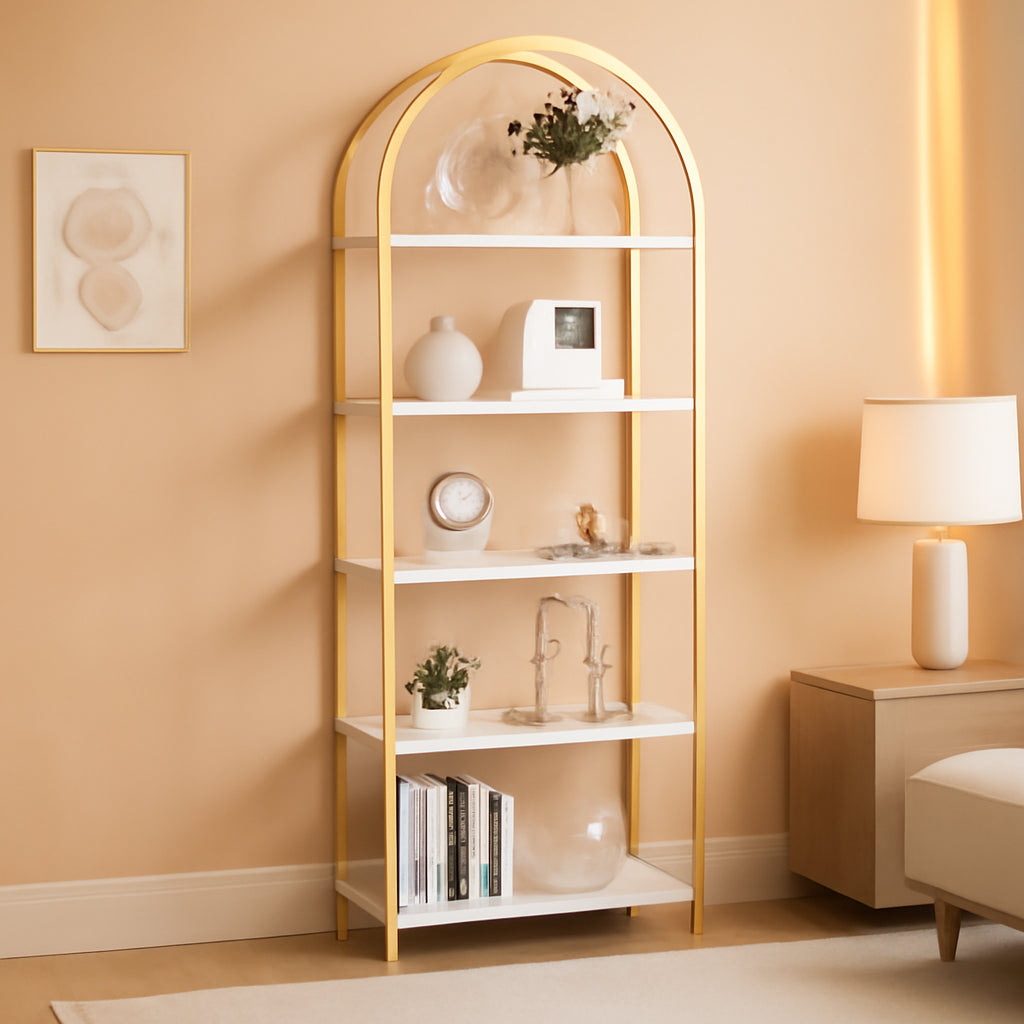 5 Tier Bookshelf Arched Display White Gold Metal Frame Bookcase