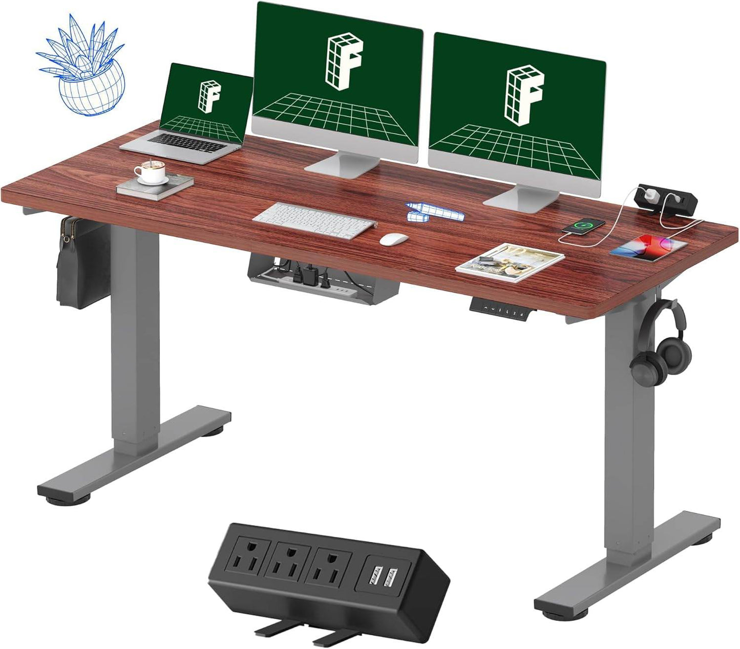 EN2 Height Adjustable Electric Standing Desk - 48"x30" with Clamp Power Strip & Cable Management (Gray Frame + Mahogany Top)