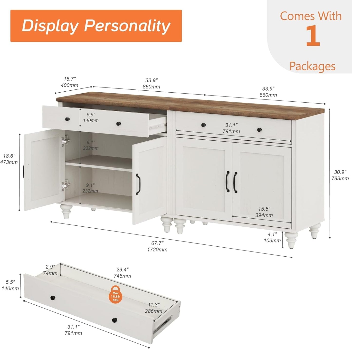 68 Inch Buffet Cabinet With Storage Modern Farmhouse