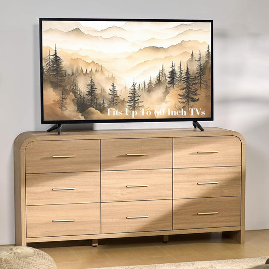 Solid Oak Curved Nine Drawer Dresser Sixty Three Inches