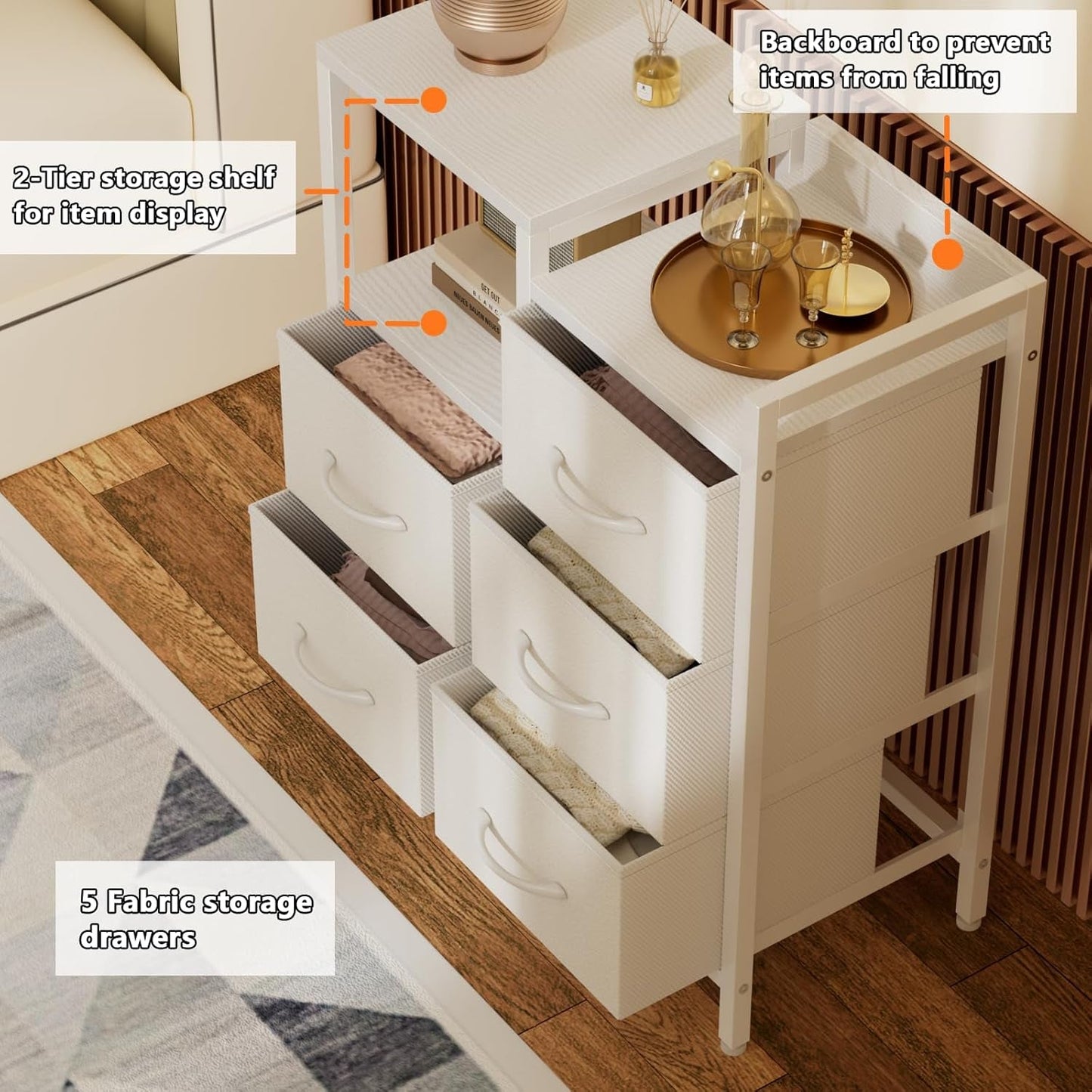 White 5 Drawer Dresser With Metal Frame Bedroom Storage