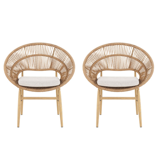 Cyril Outdoor Wicker Papasan Style Dining Chair with Teak Finished Legs - Set of 2