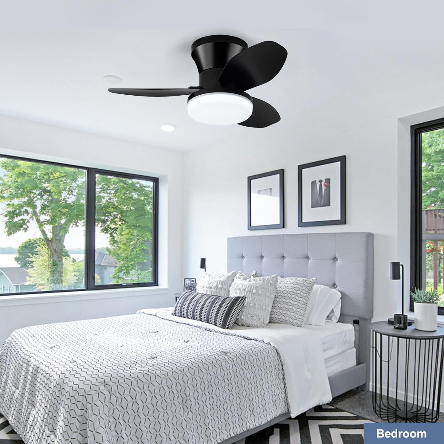 Black 26 Inch Flush Mount Ceiling Fan With Remote Control