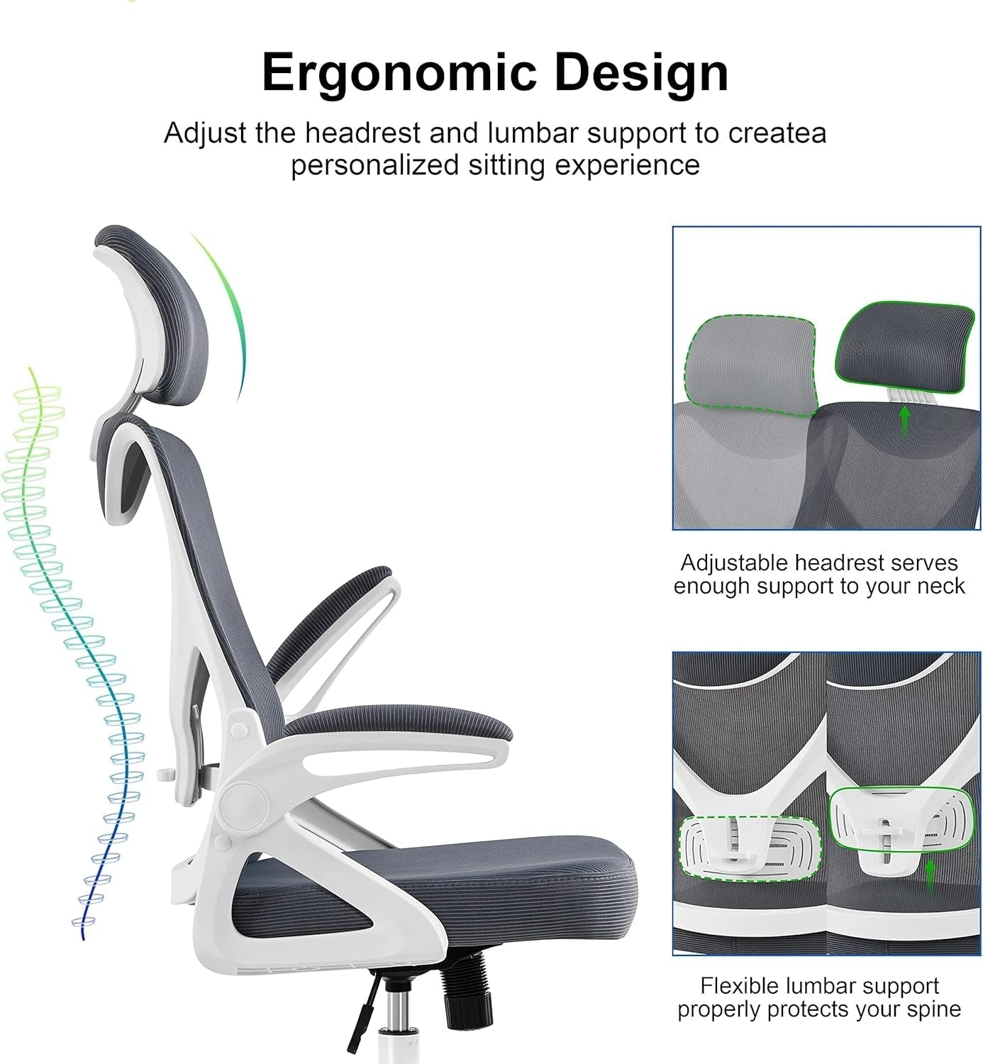 Ergonomic Mesh Office Chair White Gray With Flip Up Armrests