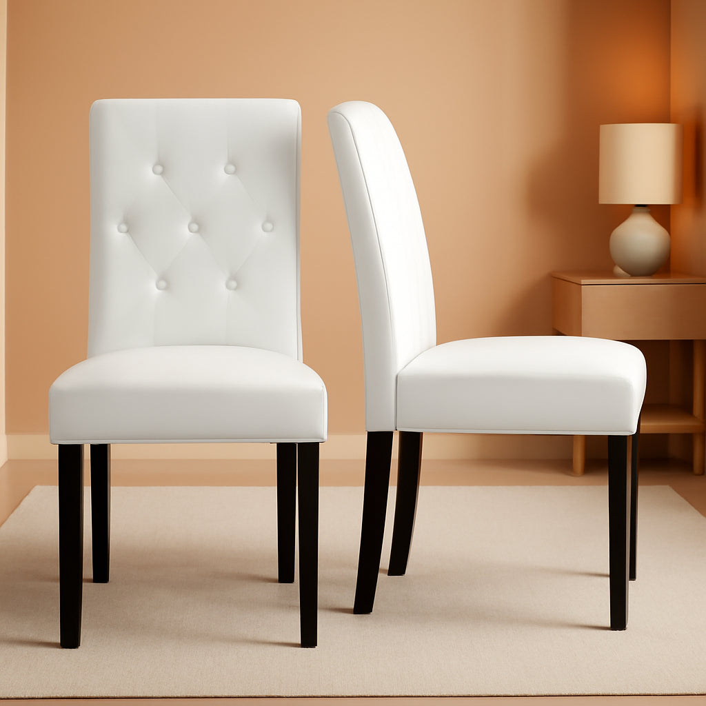 Tufted Leather Dining Chairs Set of 2 White Wood Legs
