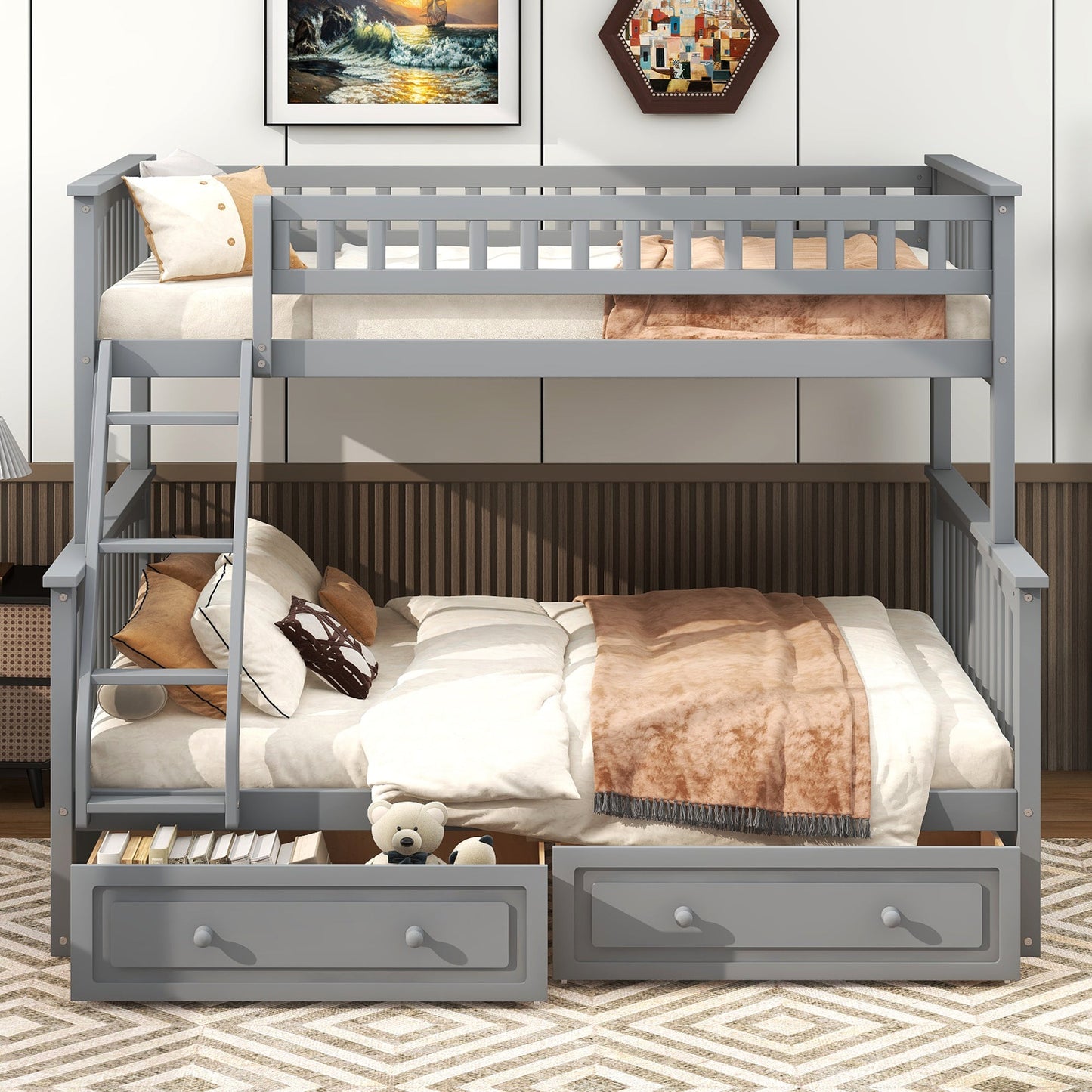 Twin Over Full Bunk Bed with Drawers, Convertible Beds
