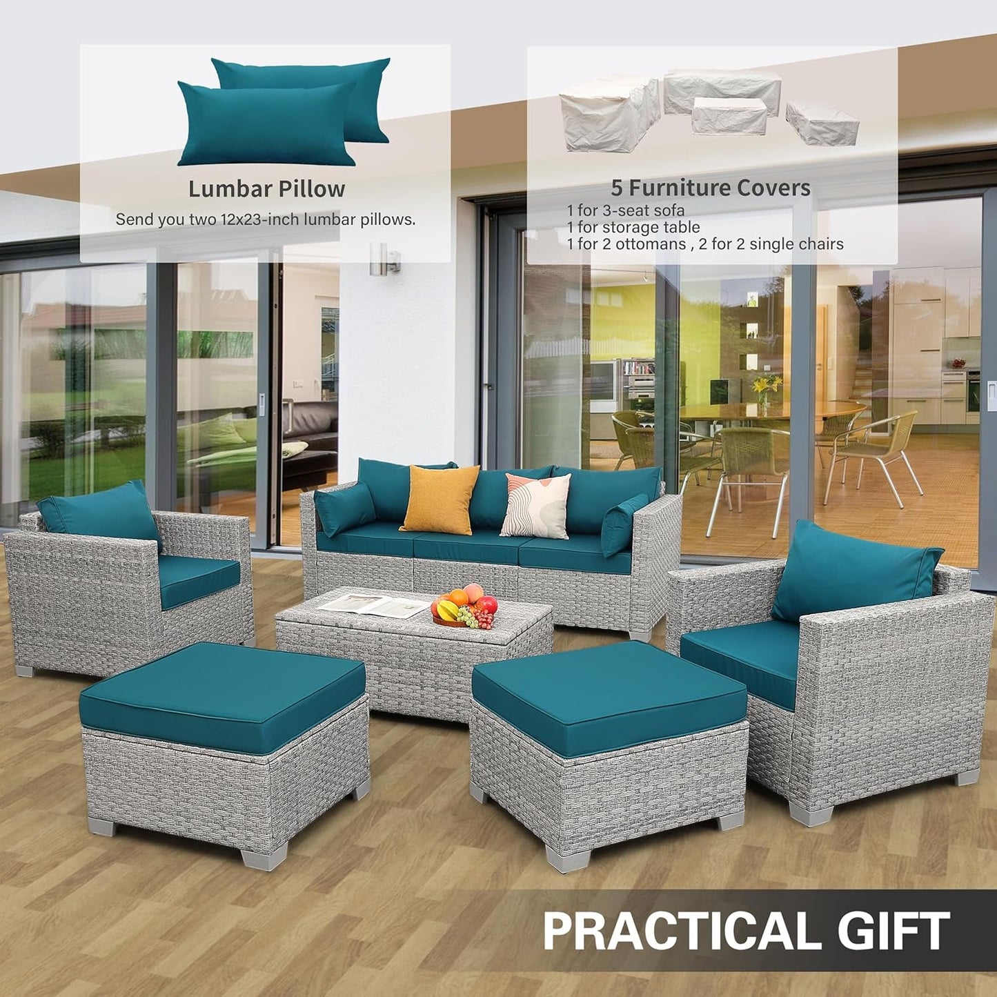 Patio Furniture Set 6 Piece Outdoor Grey Wicker Peacock Blue Cushions showcased in a stylish outdoor setting.