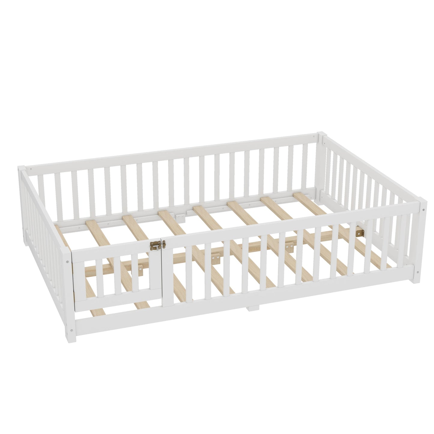 Full Size Bed Floor Bed with Safety Guardrails and Door for Kids, White(Old SKU: W1580P154625)