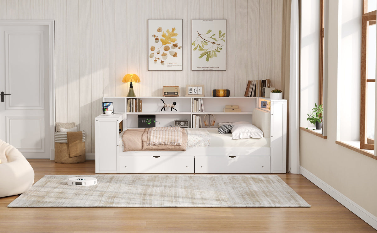 Wood Full Size Platform Bed with Storage Shelves and Charging Station