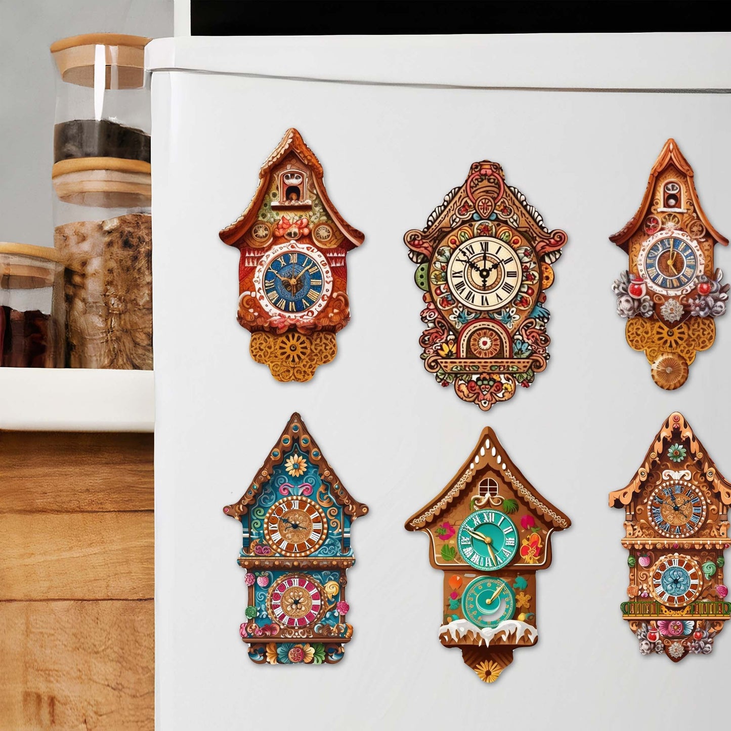 Miniature clock Decorative Wooden Magnets Set of 6 by G. Debrekht - Christmas Decor - 8090020G-S6